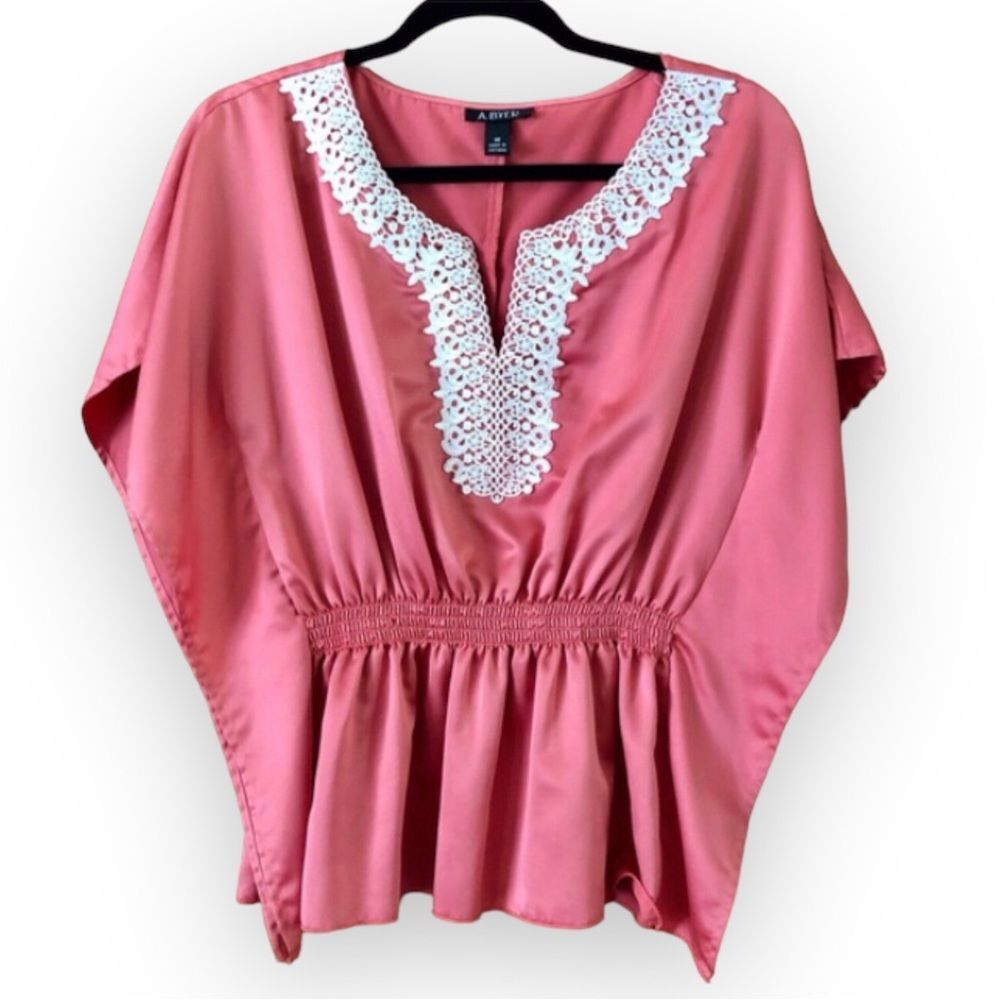 A. Byer Pink Satin Peplum Blouse Top White Lace Size Medium